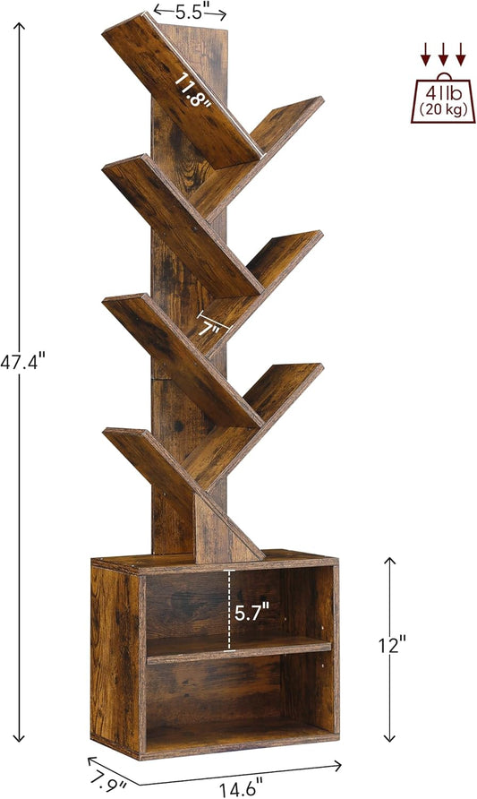 6 Tier Tree Bookshelf, Small Bookcase with Storage Cabinet, Modern Tall Narrow Bookshelves Organizer, Floor Standing Book Shelf for Bedroom/Living Room/Home Office/Corner, Rustic Brown