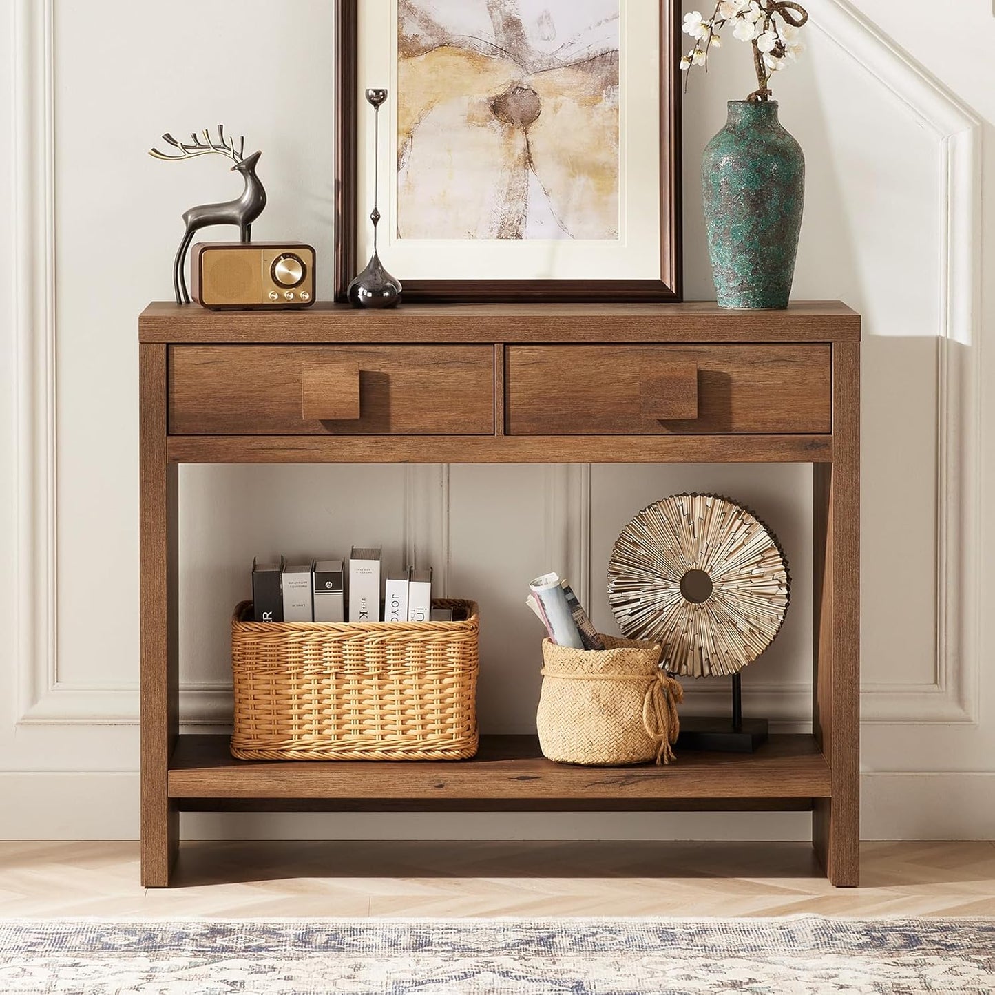 Console Table with Drawers, 40 Inch Narrow Entryway Table with Open Storage Shelves, Mid Century Modern Hallway Accent Tables behind Couch Table for Living Room (Black Smoky)