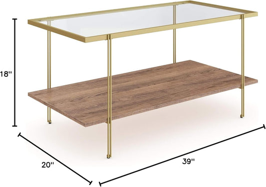 Asher Mid-Century Rectangle Coffee Table Glass Top and Rustic Oak Storage Shelf with Sleek Brass Metal Legs, Gold