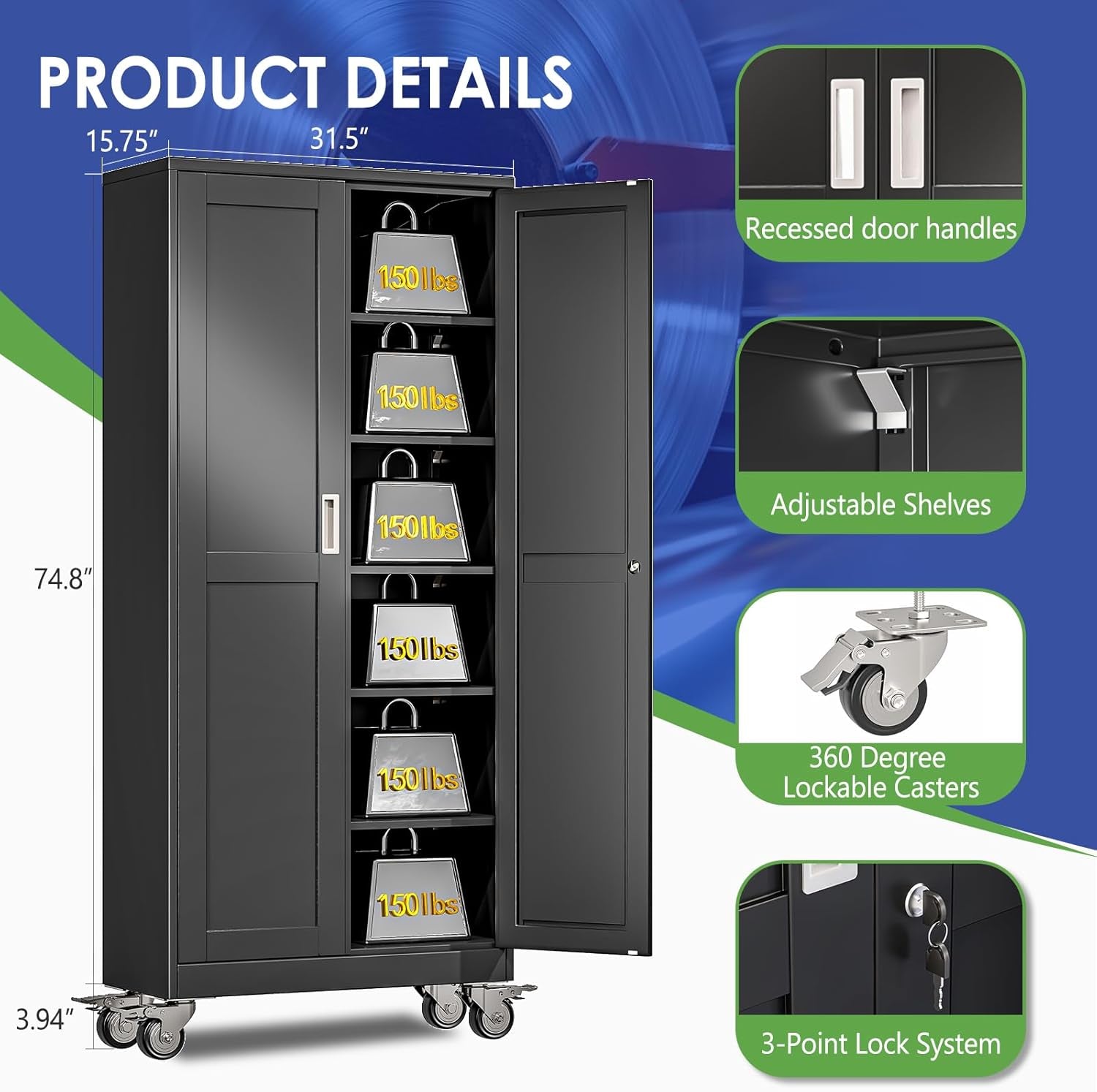 75" Tall Metal Garage Storage Cabinet with Wheels and Locking Doors and Tall Rolling Steel Tool Cabinet with 5 Adjustable Shelves for Garage,Home,Office,Shop (Black)