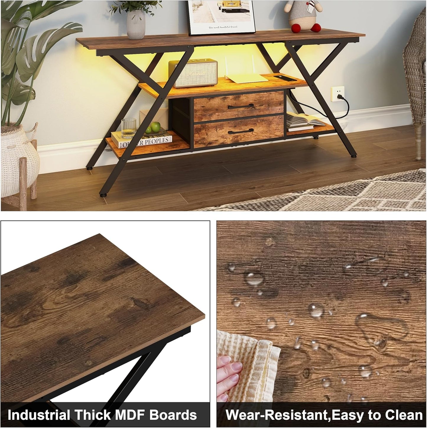 TV Stand with Power Outlet and LED Lights, Fits Tvs up to 65”, 2 Fabric Drawers Entertainment Center with Open Storage Shelves, Media Console for Living Room, Bedroom (Rustic Brown)