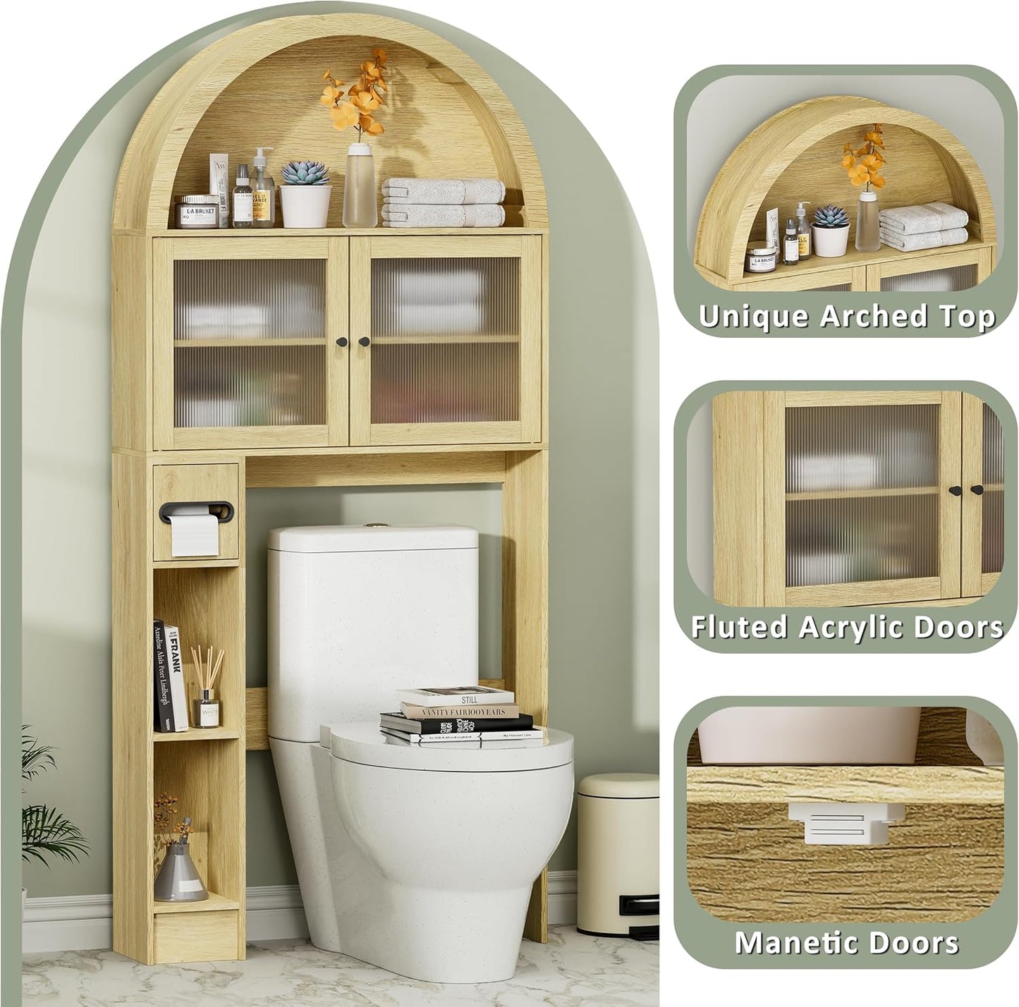 Over the Toilet Storage Cabinet, 31''W Arched Space-Saving Bathroom Organizer with Adjustable Shelf and Acrylic Doors, Freestanding over Toilet Cabinet for Bathroom, Laundry, Restroom (Oak Wood)
