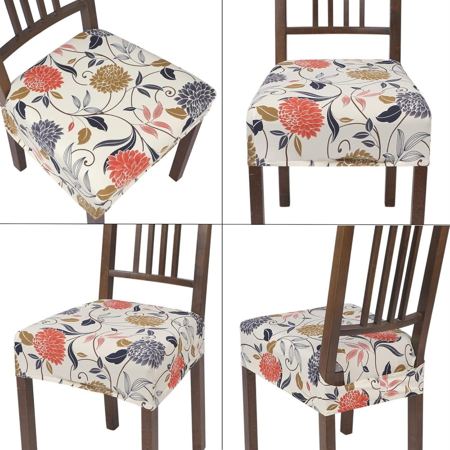 Stretch Dining Chair Seat Covers Set of 4, Soft Washable Seat Covers for Dining Chairs, Dining Room Seat Cover Protector (Rear-Covered, Orange Flowers)