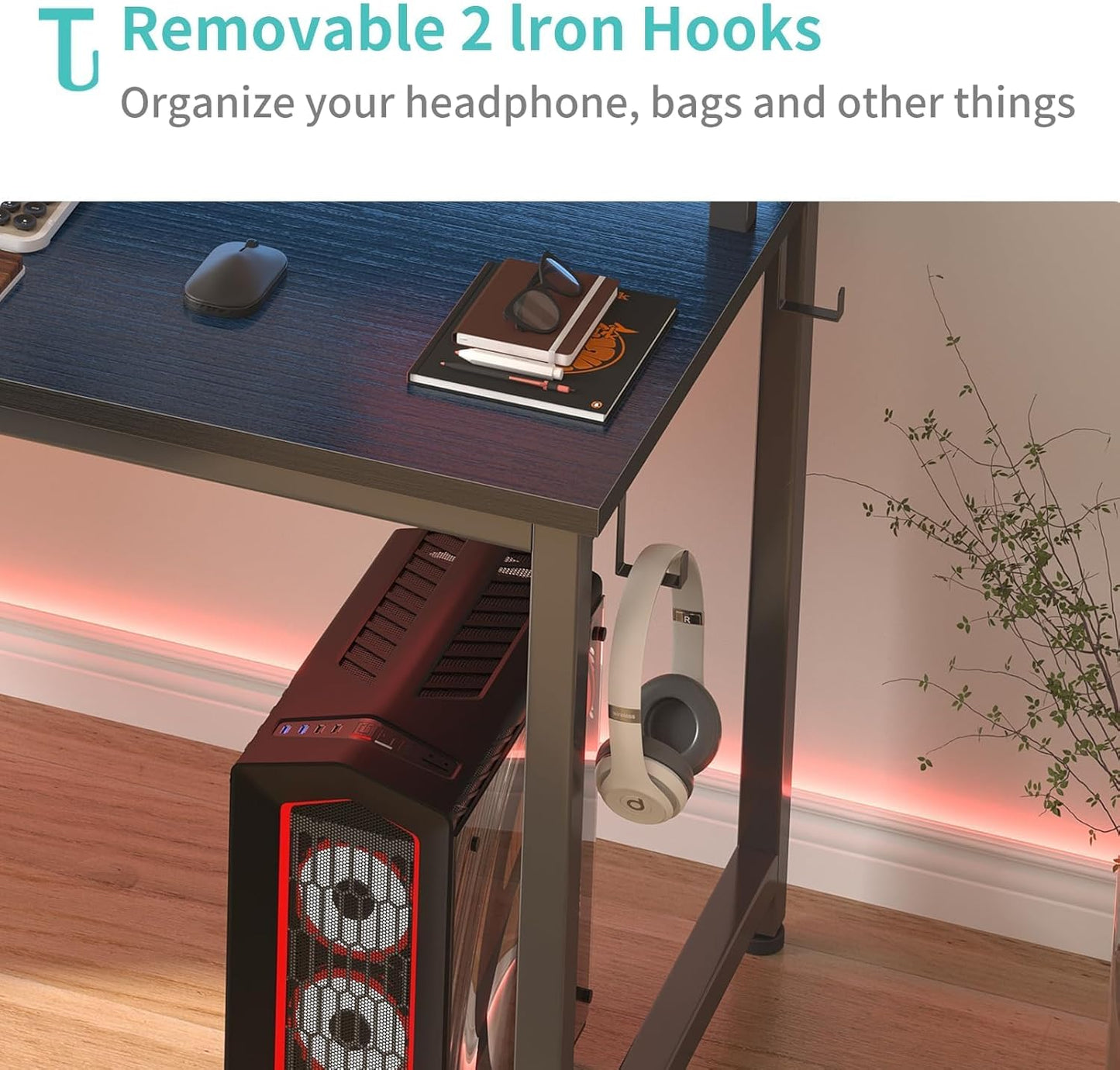 Black Gaming Desk with LED Lights and Power Outlets, 40 Inch Teen Writing Study Table Home Office Desks with Monitor Stand, Computer Desk with Charging Station USB Port, Black