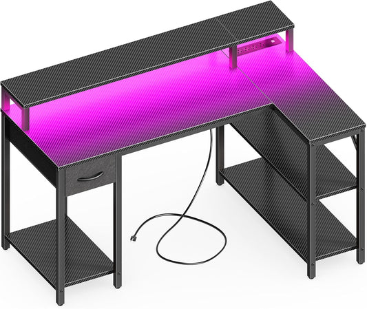 47 Inch Reversible L Shaped Desk with LED Lights & Power Outlets, Computer Desk with Shelves & Monitor Stand, Gaming Desk with Drawer, Home Office Desk Corner Desk, Carbon Fiber Black