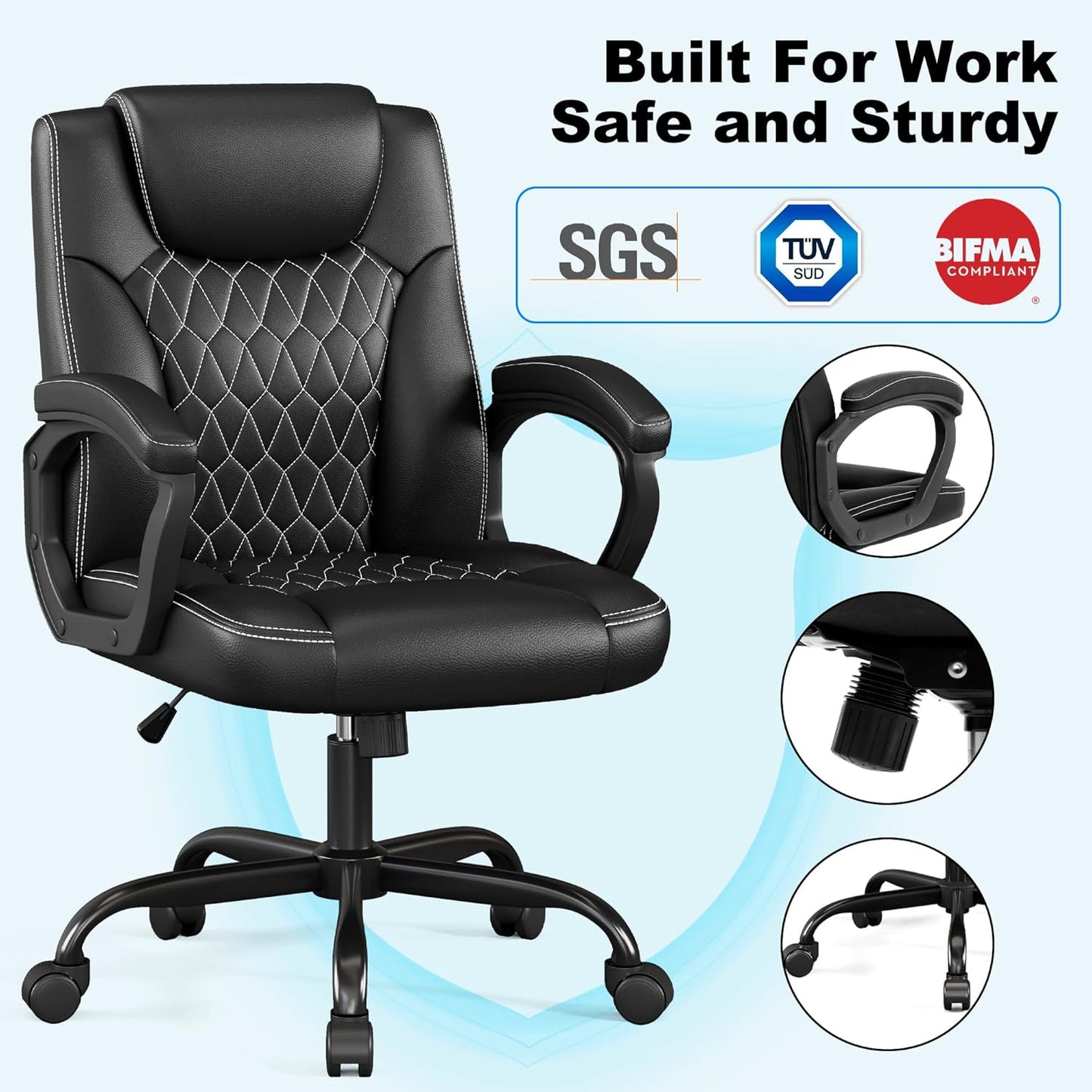 Office Chair, Executive Desk Chair, PU Leather Comfortable Executive Chairs with Fixed Armrest, Adjustable Height, Rocking Function, 360° Swivel Wheels, Black