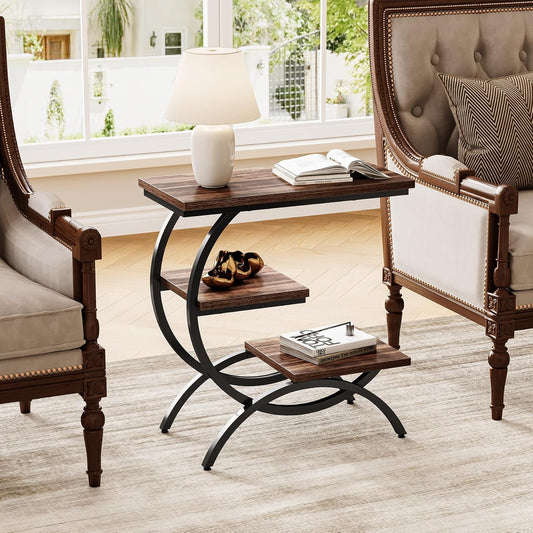 End Table, Narrow End Table with 3 Storage Shelves, Industrial C-Shaped Small Sofa Side Table for Living Room, Wood Slim Snack Table with Black Metal Frame, Rustic Brown