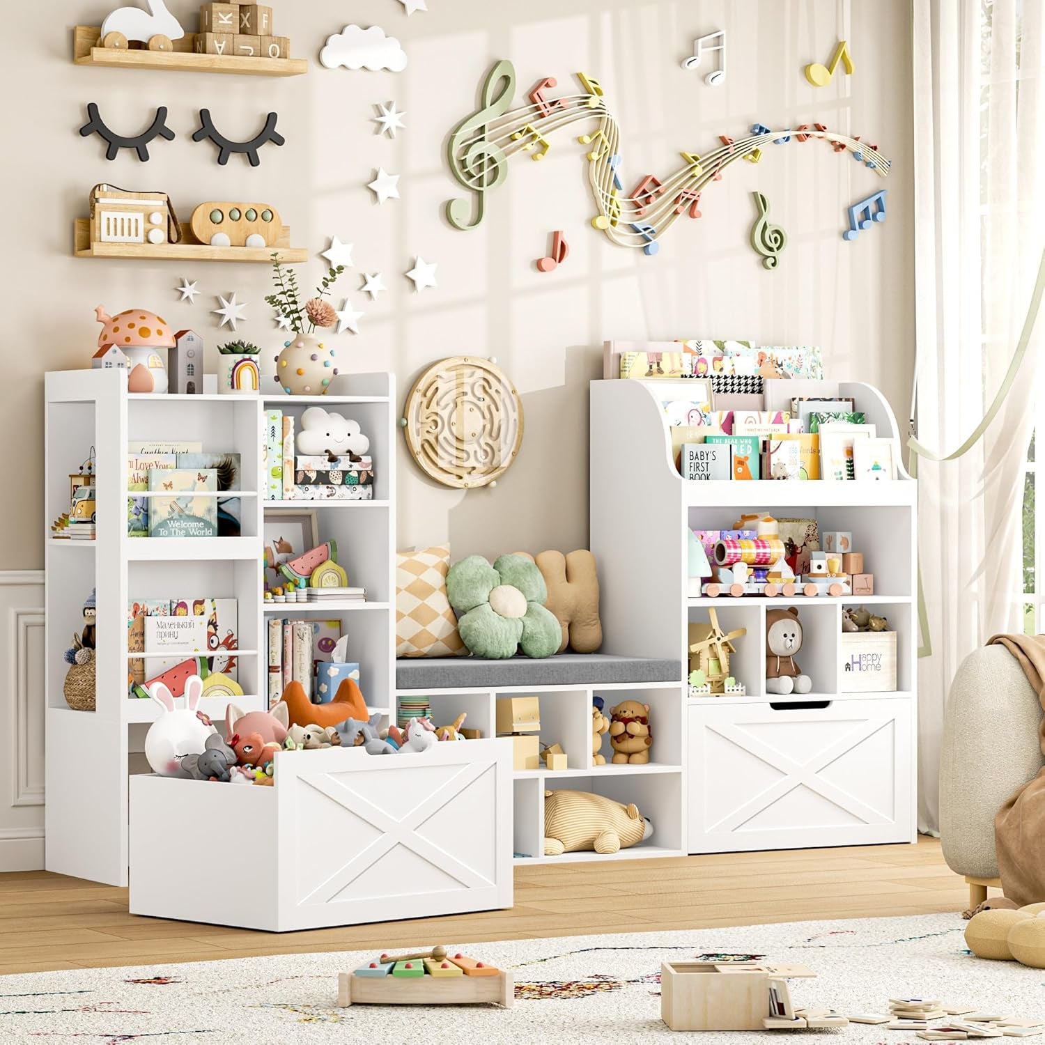 75” W Kids Bookshelf with Reading Nook, Large Toy Storage Toy Organizer with Seat Cushion and 2 Movable Drawers, Kids Reading Nook Kid Bench for Playroom Living Room, White