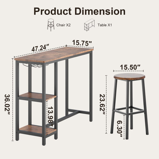 3-Piece Bar Table Set for 2, Table with Stools & 2 Storage Shelves, Small Bar Table Set with Glass Rack, Small Kitchen Table for Dining Room, Living Room, Rustic Brown