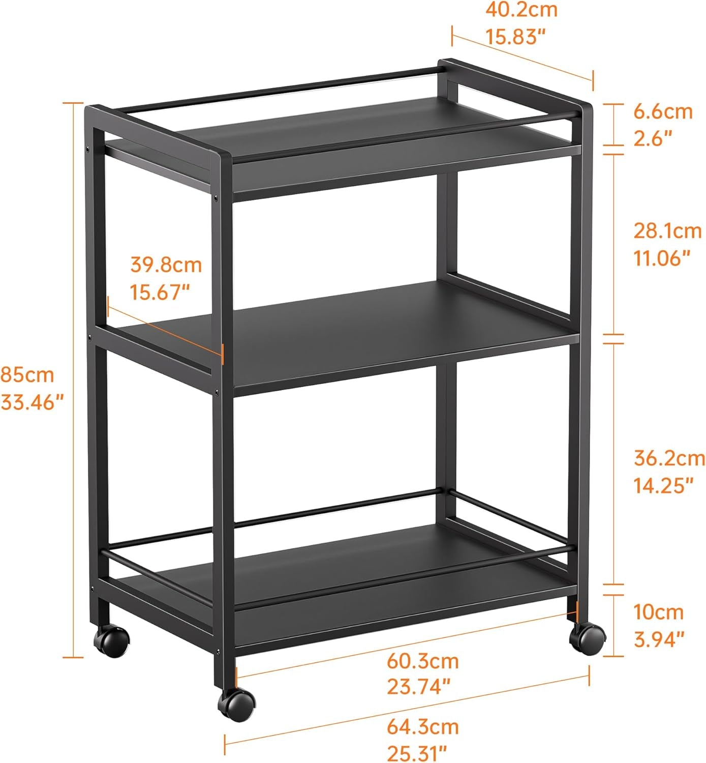 Bar Cart Black, Serving Cart for Home, 3 Tier Drinks Cart with Wheels, Rolling Beverage Cart for Kitchen Dining Living Room