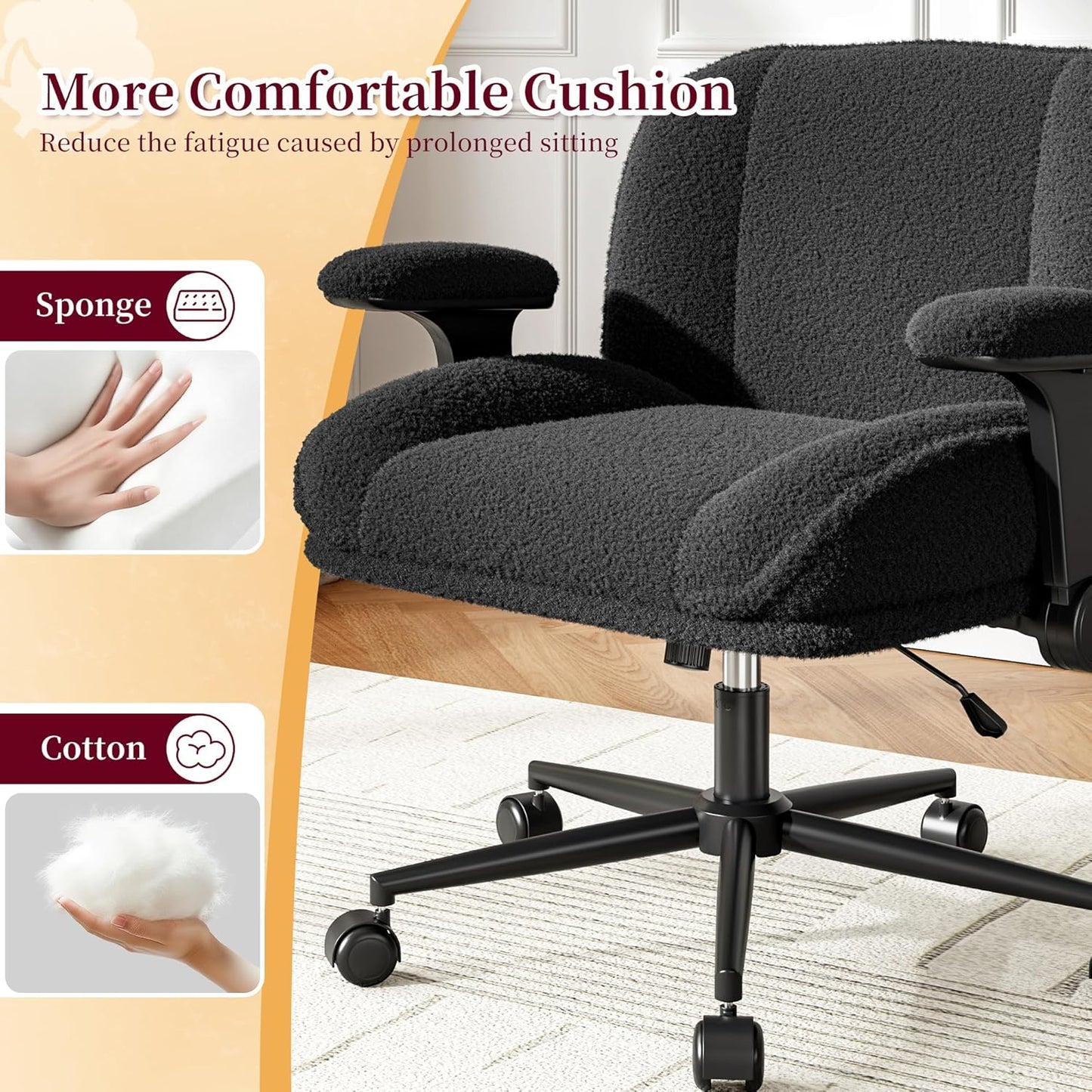 Cross Legged Office Chair with Flip-Up Arms, Wide Criss Cross Chair with Wheels & Extra-Deep Seat Thickened for Home Office, Vanity, Apartment Dorms,Plush Cushion,Cute,Comfy,Grey