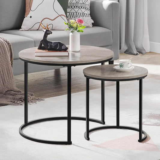Nesting Coffee Table Set of 2, Nesting Table, Rustic Stacking Side Tables, Nesting End Table Set W/Round Wooden Tabletop and Sturdy Metal Base for Living Room,Small Space, Gray | Nesting Table, Rustic, Stacking Side Tables, Living Room, Small Space