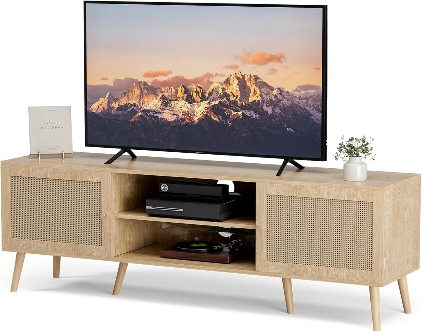 Natural boho TV stand with rattan door, shelves and cabinets, view 8