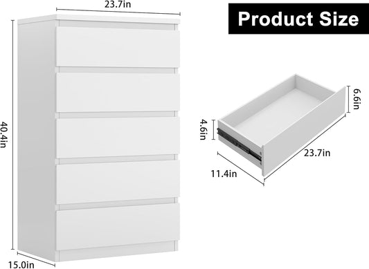 White 5 Drawer Dresser for Bedroom, 15" D X 23.7" W X 40.4" H in Simply Modern Chest of Drawers, Wood Storage Dresser with Deep Drawers for Living Room Hallway Entryway, White
