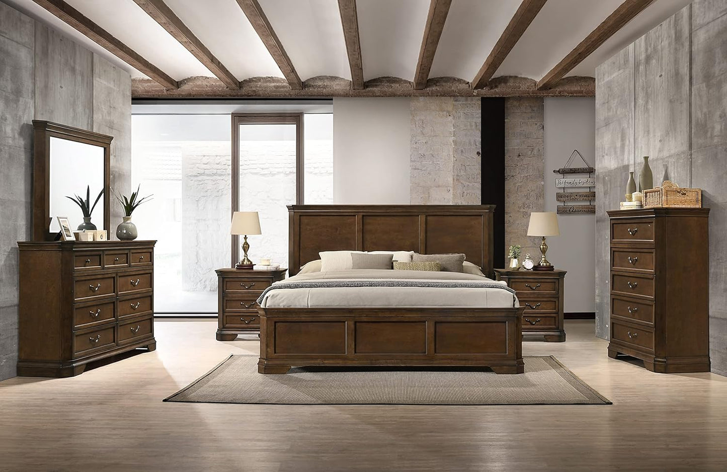 Maderne Traditional Wood Panel Bed with Dresser, Mirror, Two Nightstands, Chest, King, Antique Walnut Finish