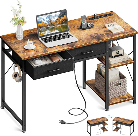 Small Computer Desk with Drawers, 40 Inch Reversible Home Office Desk with Power Outlet, Study Laptop Vanity Table with Storage Shelves for Bedroom Small Space, Rustic Brown