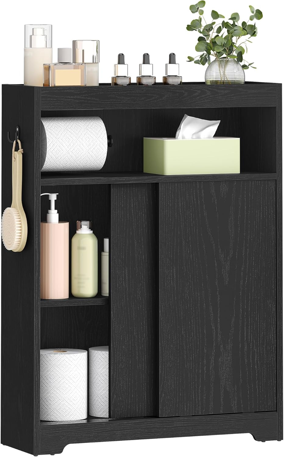 Slim Bathroom Storage Cabinet, Toilet Paper Storage Cabinet with Sliding Doors, Small Cabinets with Toilet Paper Holder, Adjustable Shelf, Next to Toilet, for Small Spaces, Black BC62804X