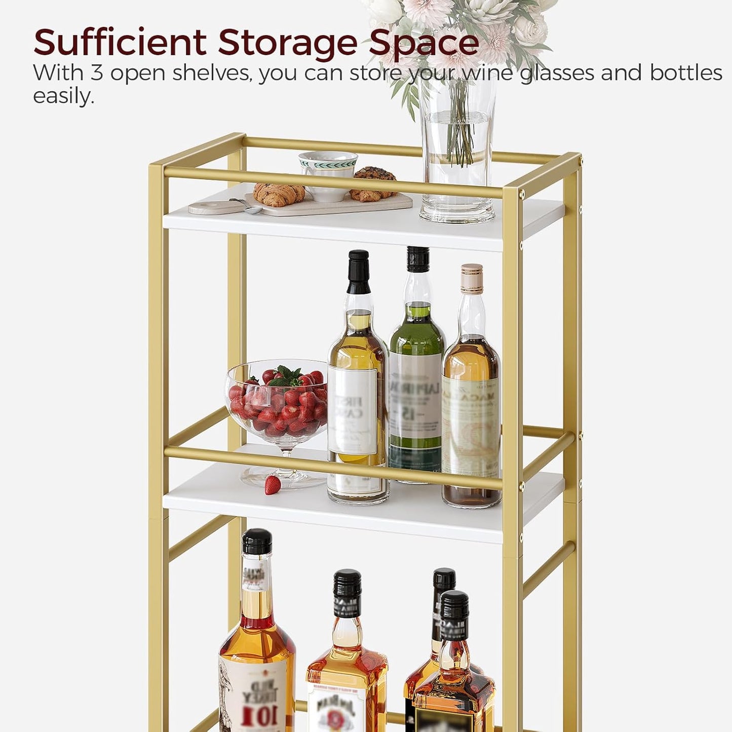 Bar Cart for the Home, 3-Tier Drink Cart on Wheels, Home Bar Serving Cart, Mini Bar Cart for Small Space, Rolling Kichen Carts for Bar, Kitchen, Dining Room, Gold RCJW4001