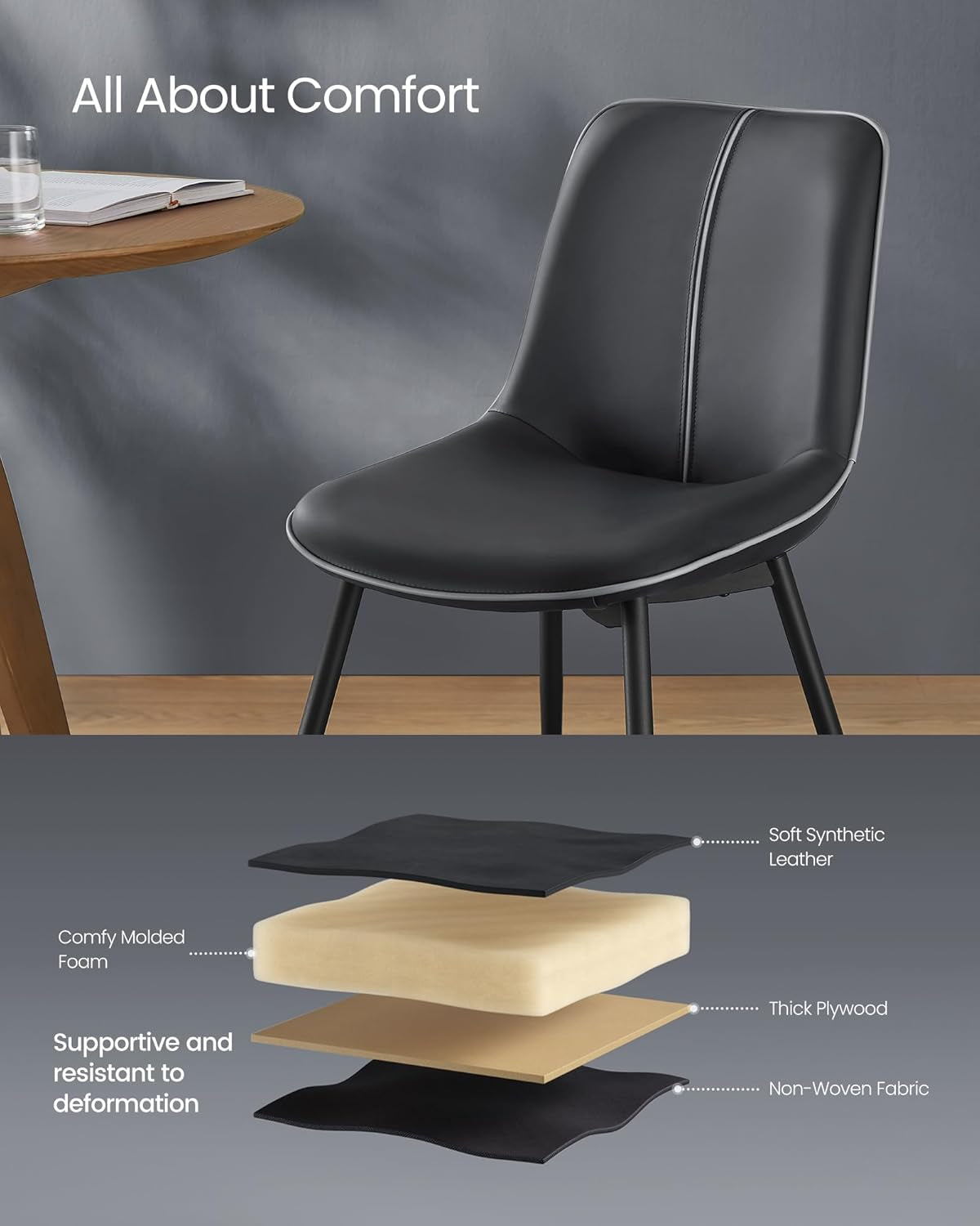 Leather Dining Chairs Set of 4, Comfortable Upholstered Seat Dining Room Chairs with Swivel Leveling Feet, Curved Backrest Kitchen Chair for Living, Restaurant, Easy Assemble, Ink Black