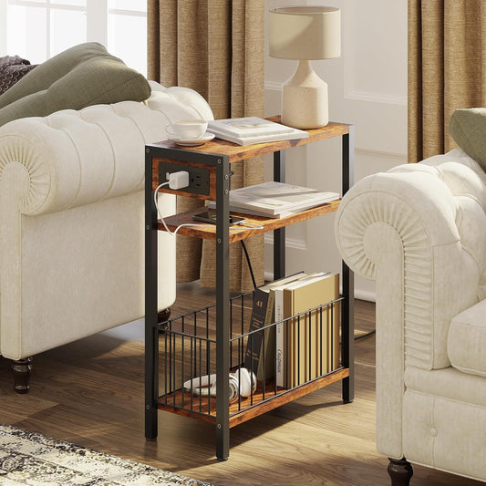 Narrow Side Table with Charging Station, Small End Table for Small Spaces, Slim Nightstand with Storage Basket, 3 Tier Skinny Bedside Table for Living Room, Bedroom, Rustic Brown