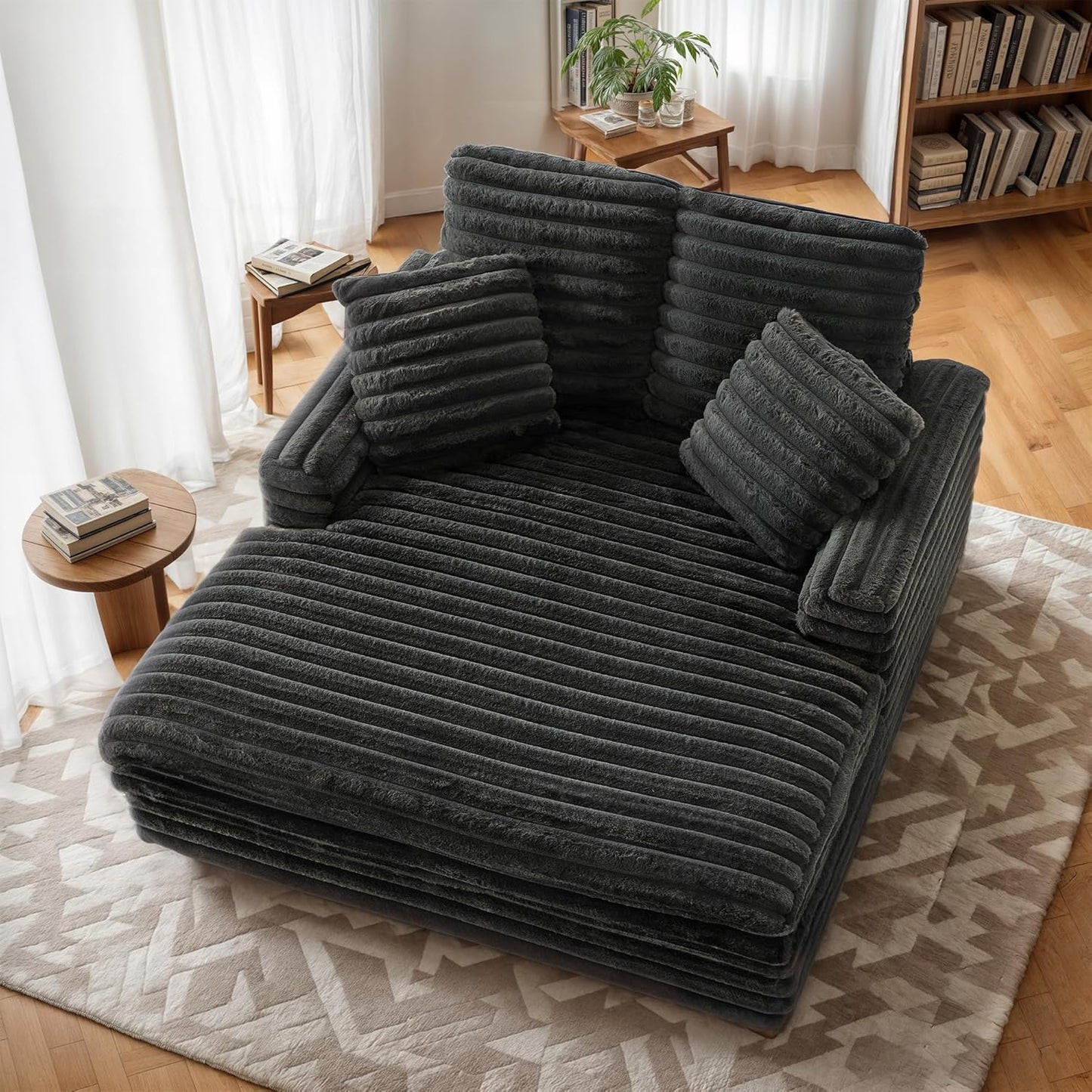 58" Oversized Chaise Lounge Chair, Fluffy Cozy Sleep Couch with 4 Striped Faux Fur Throw Pillow, Modern Full Size Sofa Bed Couch for Living Room, Bedroom, Playroom, Dark Grey