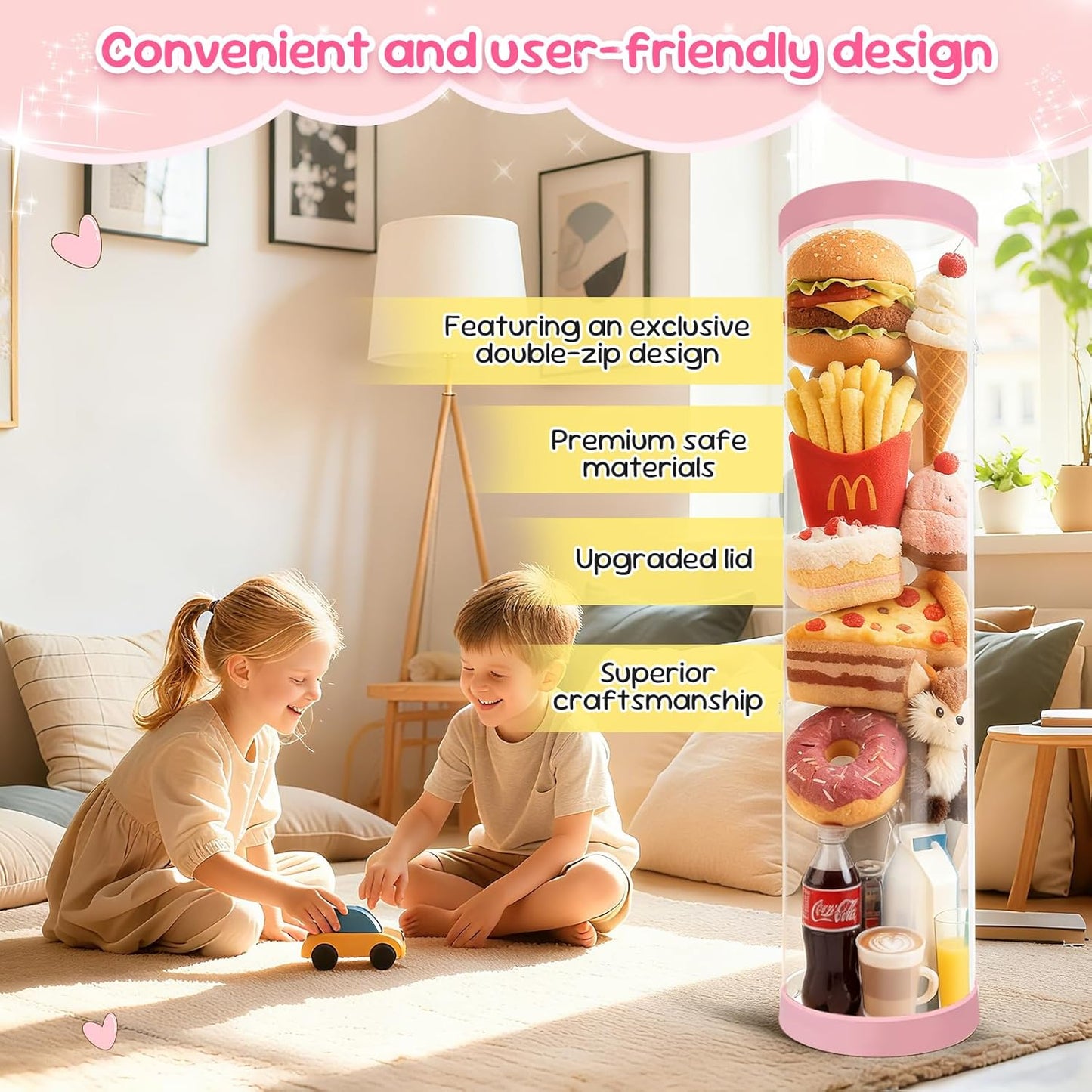 Upgraded Stuffed Animal Storage Tube, 47.24" Tall Stuff Animal Organizer with Double Zipper, PET Transparent Bucket, Space-Saving Animal Zoo Storage for Kids Room (Pink)