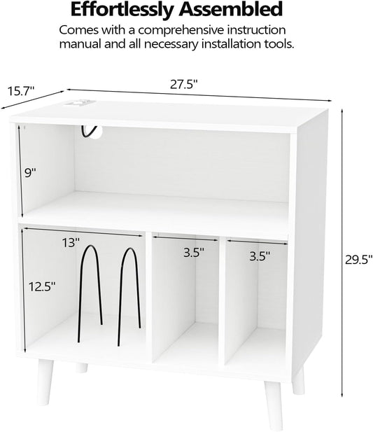 Record Player Stand with Open Vinyl Storage, Mid-Century Album Storage Table with LED Light up to 300 Albums, Vinyl Record Player Shelf with Power Outlet for Living Room, White