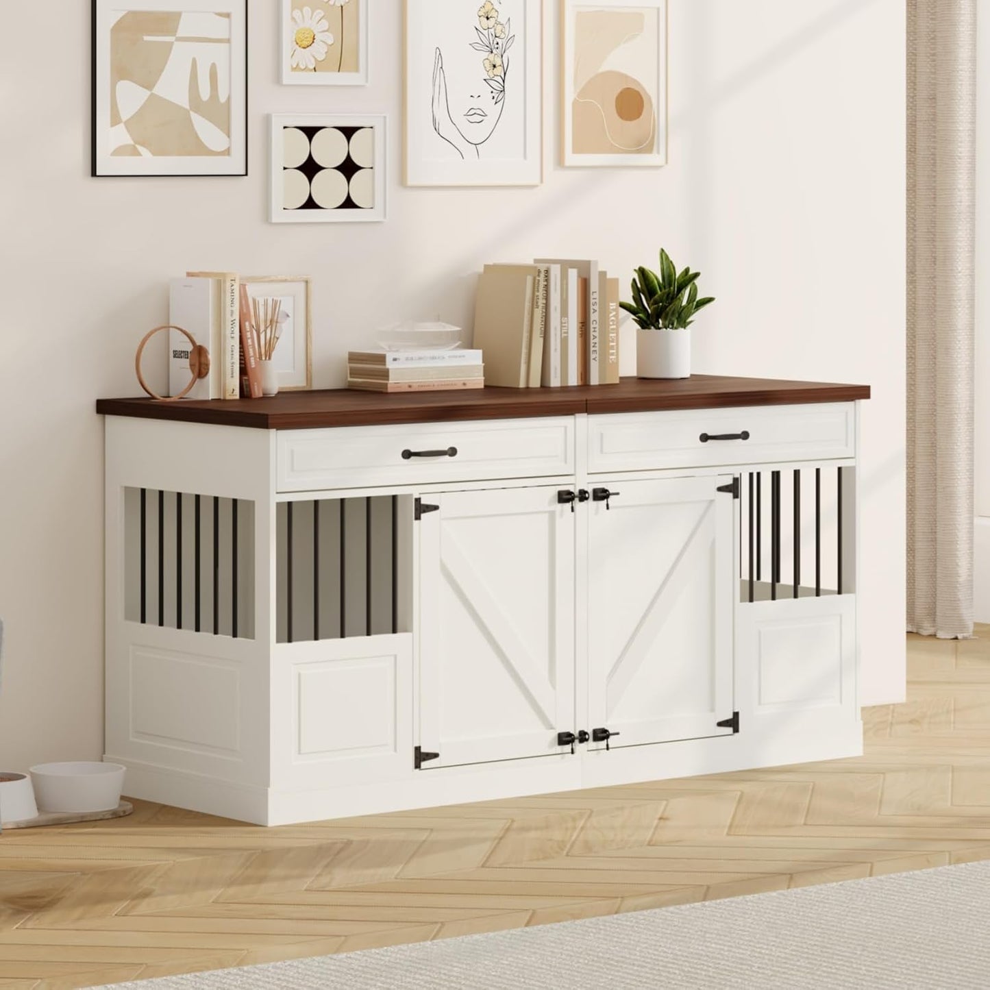 Dog Crate Furniture - Indoor Wood Dog Kennel Furniture 4 Doors with Divider and 2 Drawers - 72" L X 23.6" W X 33.5" H, White