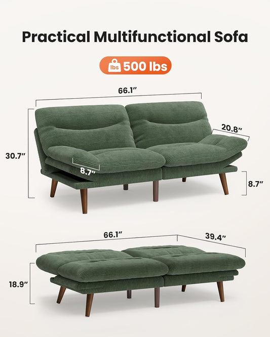 66″Futon Sofa Bed,3-In-1 Futon Couch W/Adjustable Backrest & Armrests, Convertible Sleeper Sofa Bed, Small Folding Sleeper Recliner W/Removable Cushion for Apartment, Living Room,Office (66In,Green) | Corduroy