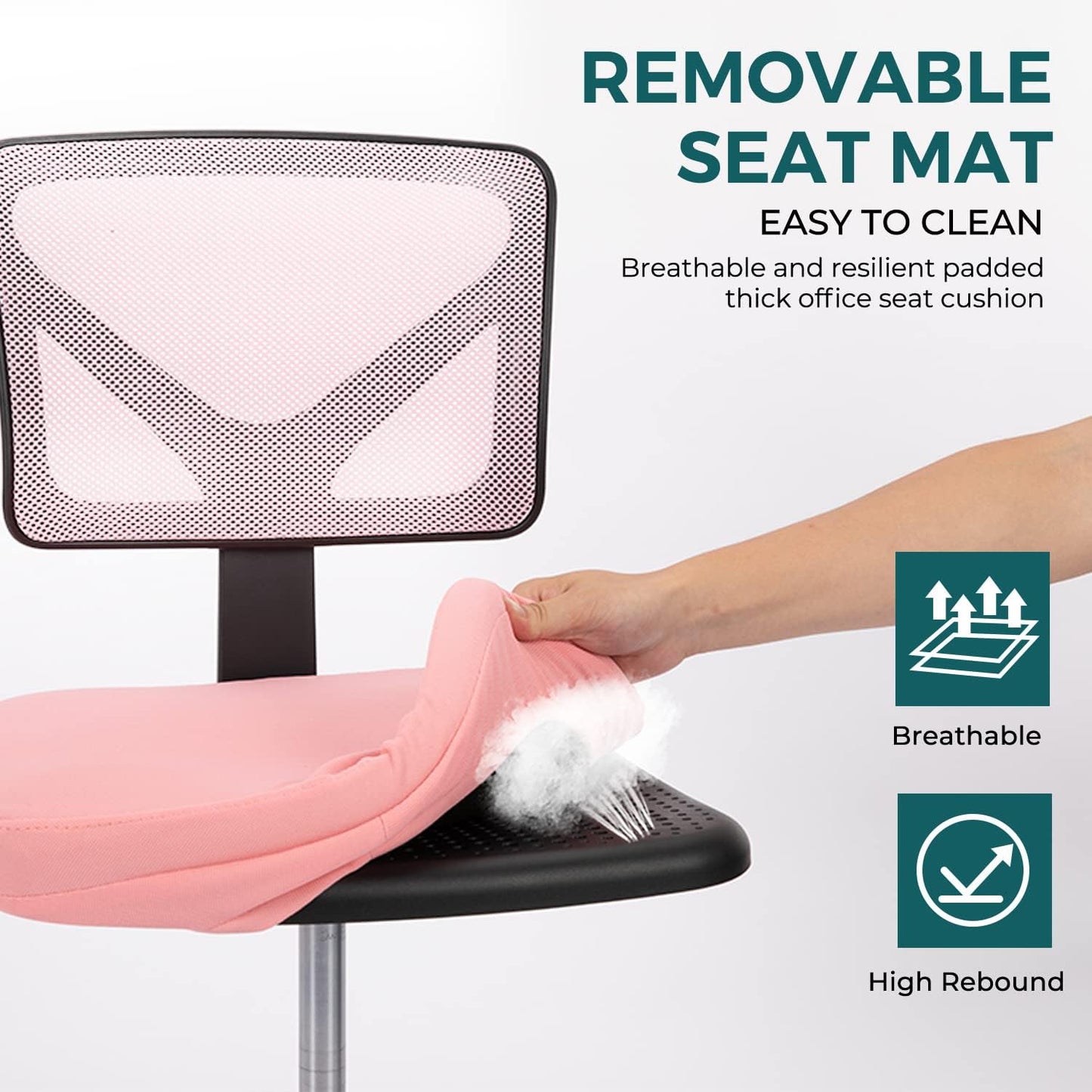 Armless Desk Chairs with Wheels, Ergonomic Adjustable Home Office Swivel Rolling Task Chair No Arms, Comfy Mesh Mid Back Computer Work Vanity Desk Seat for Small Spaces, Light Pink