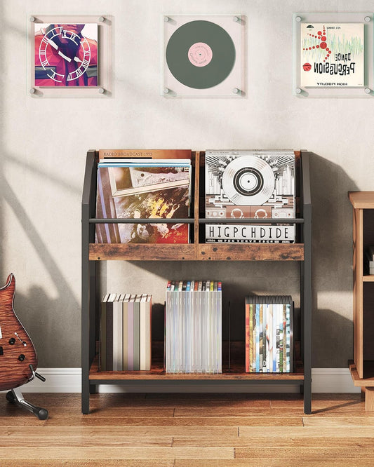 2-Tier Vinyl Record Storage Holder Rack, 250 LP Albums Display Shelf, Wooden Vinyl Storage Rack with Wire Dividers for Records, Cds, Books, Rustic Brown and Black TCW07BF