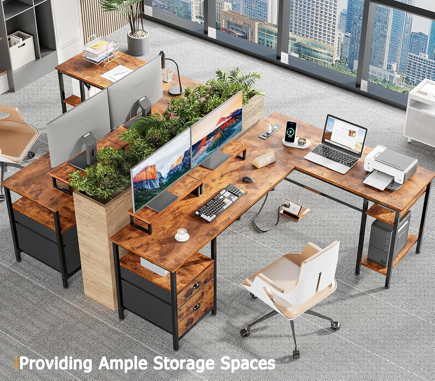 59” L Shaped Desk with Power Outlet, Reversible Computer Desk with File Drawer & 2 Monitor Stands, Corner Home Office Table with Storage Shelves for Gaming Writing, Rustic Brown
