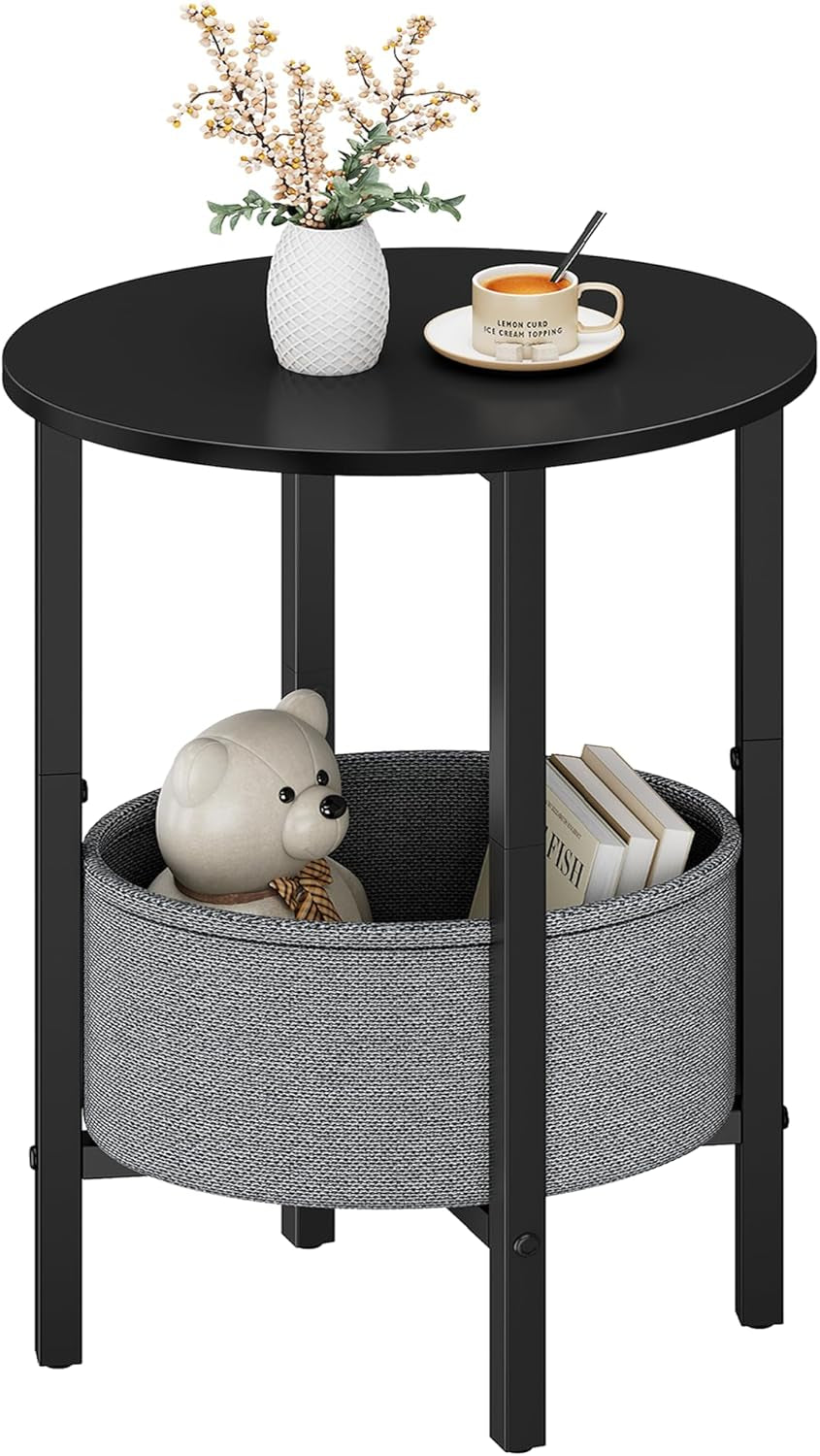 round Side Table End Table with Storage Basket, Small Side Table round Nightstand for Small Spaces, Tall Oval End Table with Steel Frame, Coffee Bedside Table for Living Room Bedroom, Black