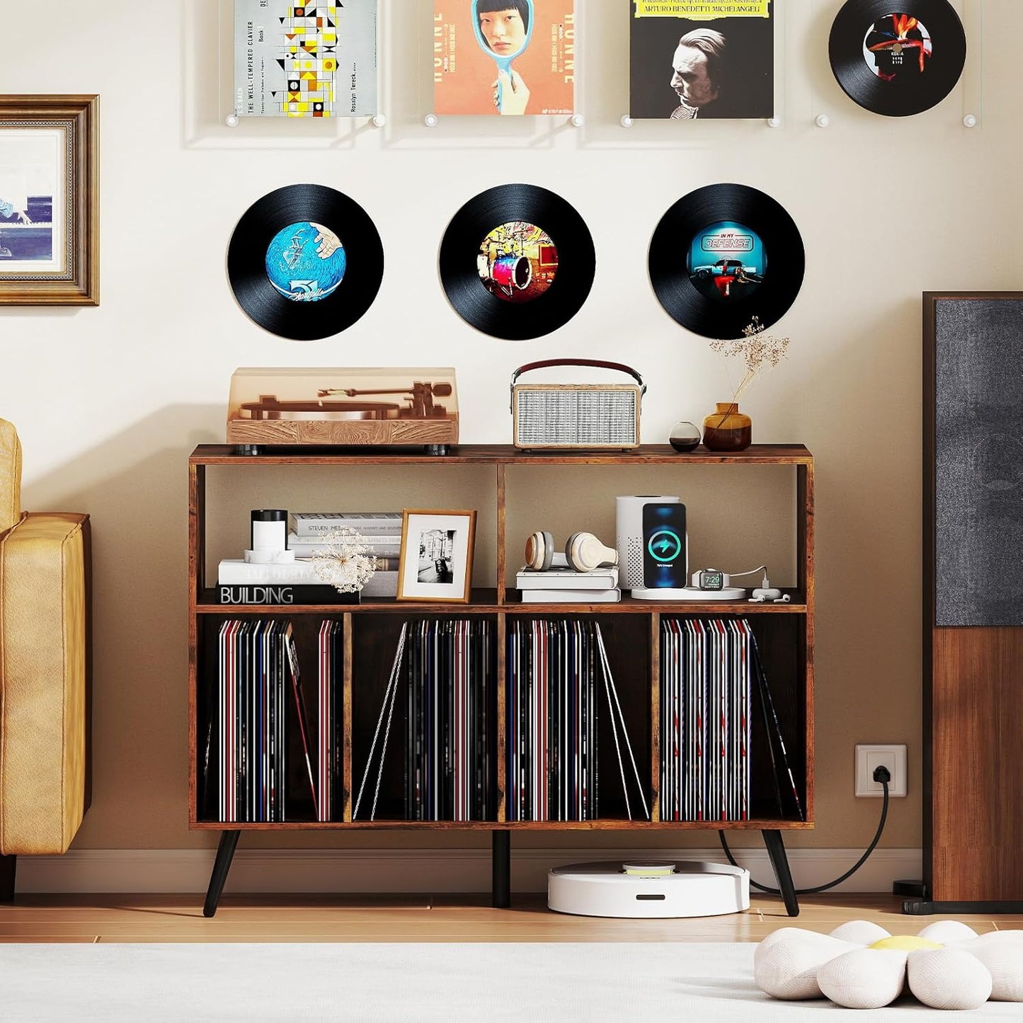 Rustic brown large record player stand with charging station, view 9