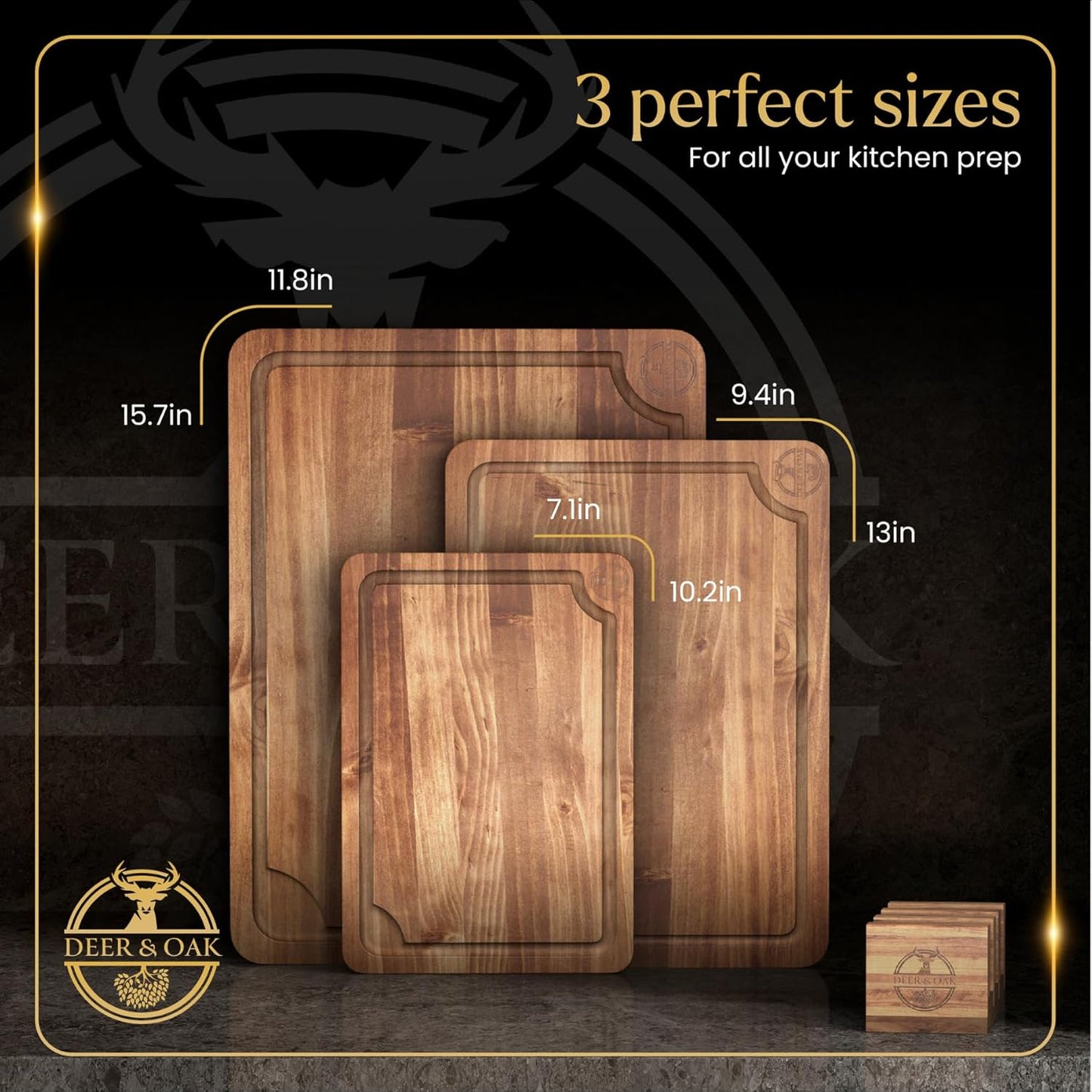Pre-Oiled, Non Toxic 3-Piece Acacia Cutting Board Set with Stand, FSC Certified Wooden Chopping Boards with Juice Grooves for Meat. 3 Size Wood Carving Boards for Home & BBQ Kitchens by
