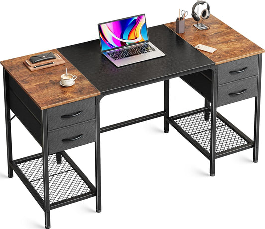 47 Inch Computer Desk with 4 Drawers, Office Desk with Mesh Shelf, Gaming Desk, Large Storage, Writing Work Desk for Home Office, Study, Bedroom, Work from Home, Rustic Brown and Black