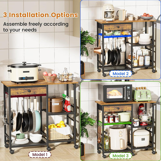 Microwave Stand, 6-Tier Microwave Cart with Wheels & Adjustable Shelf, Coffee Bar Table Station, Rolling Storage Cart Organizer Shelf for Living Room, Kitchen Island, Office, Rustic Brown