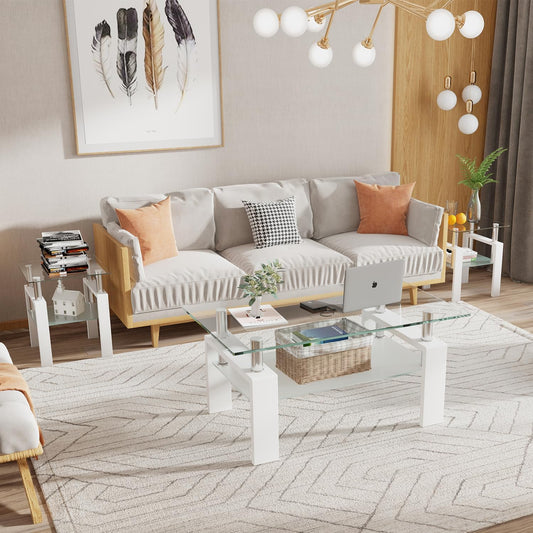 Glass Coffee Table and End Table Set of 3, Modern Living Room Table Set with Tempered Glass & Metal Frame, Double-Layer Side Tables (Clear Glass + White Leg, Set of 3)