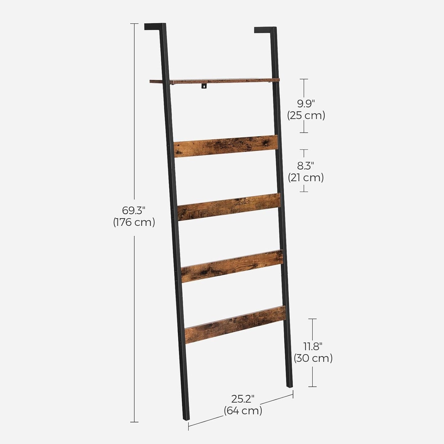 Blanket Ladder, Wall-Leaning Rack with Storage Shelf, for Blankets, Quilt, Towels, Scarves, Steel Frame, Industrial Style, Rustic Brown and Black ULLS012B01