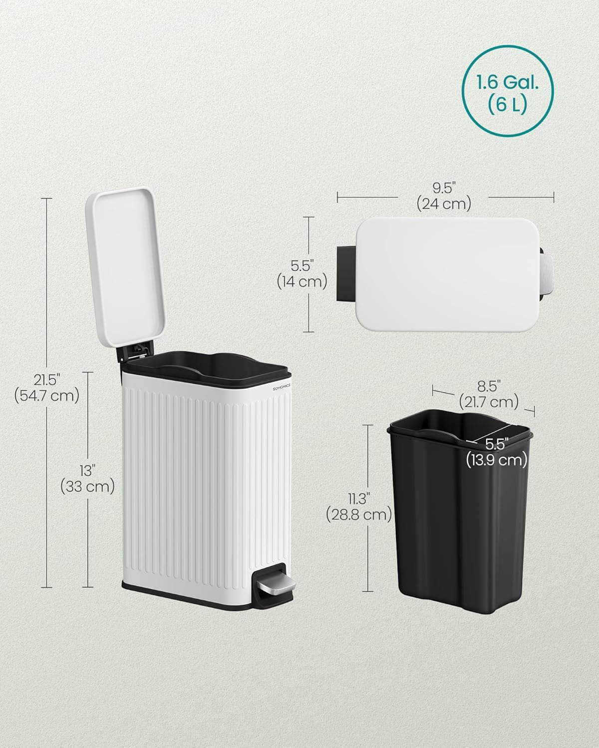 Bathroom Trash Can, 1.6-Gallon (6 L) Trash Bin with Lid, Slim for Small Spaces, Stainless Steel Garbage Can, Soft Close, White ULTB563W02