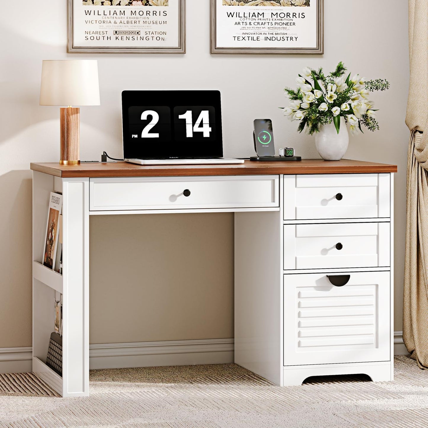 47" Home Office Desks, Executive Desk, Farmhouse Computer Desk with Drawers and Charging Station, File Drawer, Storage Cabinet, Rustic Computer Writing Desk,Antique White