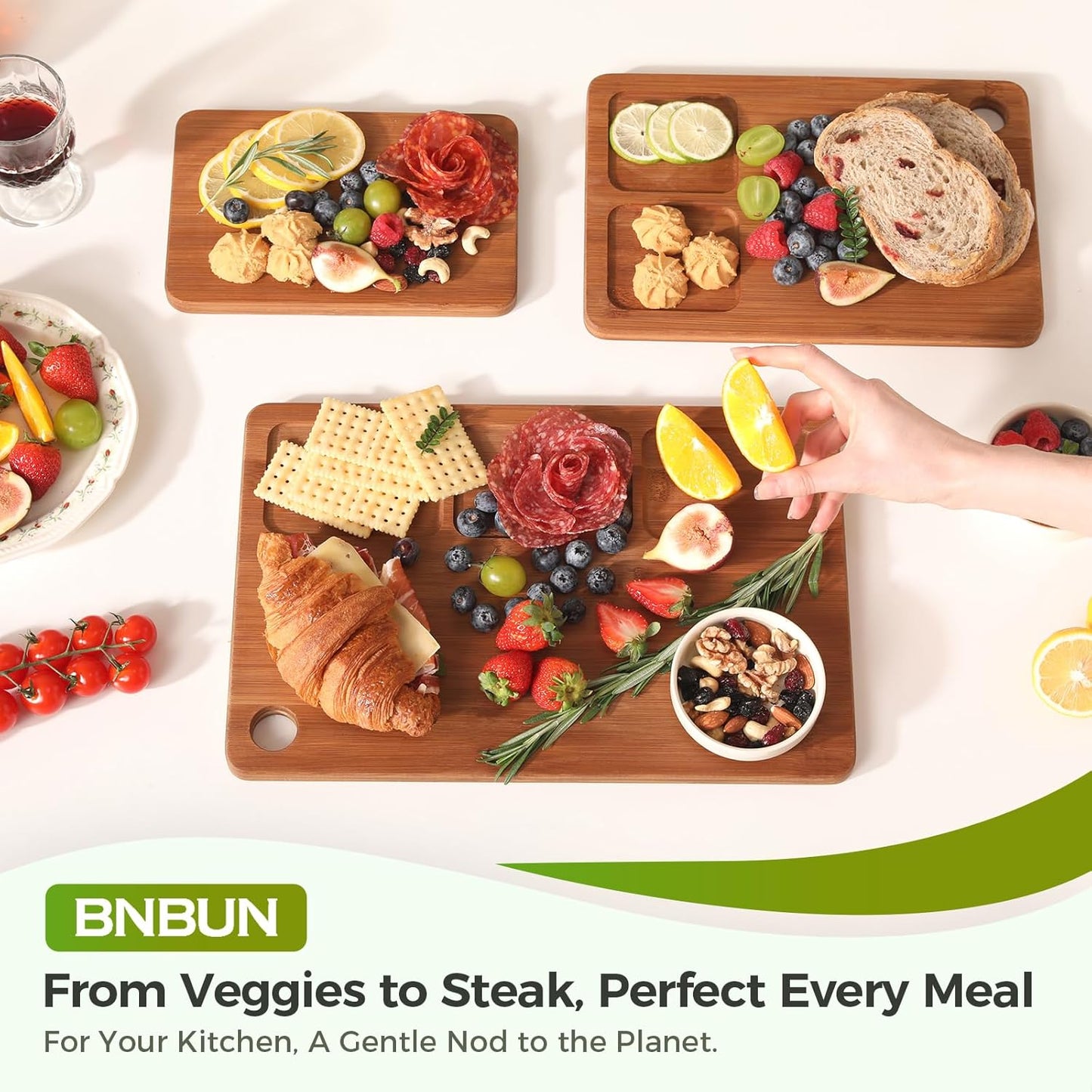Bamboo Cutting Board for Kitchen, Wood Cutting Board 3 Piece Set with Non-Slip Mat Deep Juice Groove and Built-In Handles, Wooden Cutting Boards for Meat Vegetables Fruit for the Home