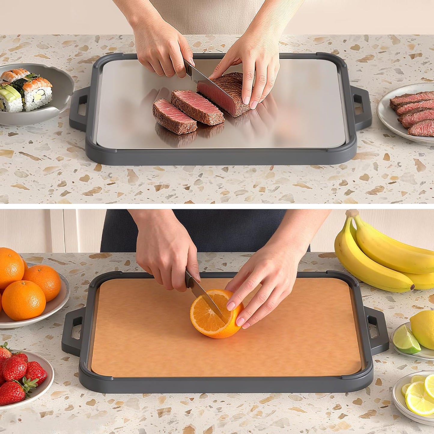 Titanium Cutting Board for Kitchen, Double Sided Pure Titanium and Wood Fiber Cutting Board with Juice Groove, Food Grade Material, for Chopping Meat/Vegetables/Fruit Dishwasher Safe 16"×11"