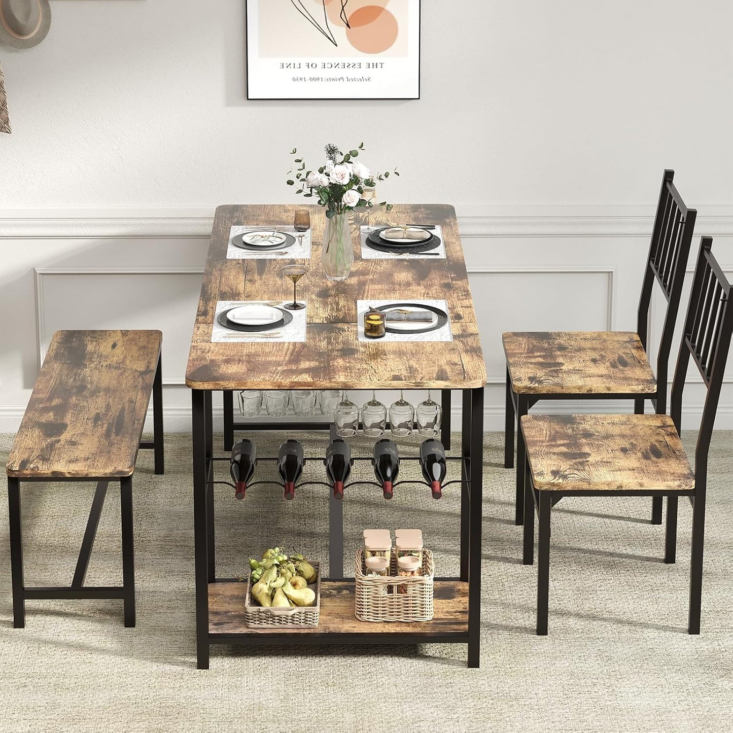 Dining Table for 4, Kitchen Table Set for 4 with 2 Chairs and Bench, Dining Room Table Set with Built in Wine Rack & Wine Glasses Holder, Storage Shelves for Small Space, Kitchen, Rustic Brown