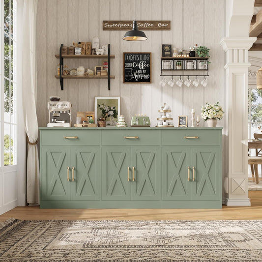 71" Large Sideboard Buffet Cabinet with Storage, Farmhouse Coffee Bar Cabinet with 3 Drawers, Long Kitchen Buffet Table, Kitchen Sideboard Storage Cabinet for Dining Room, Living Room, Green