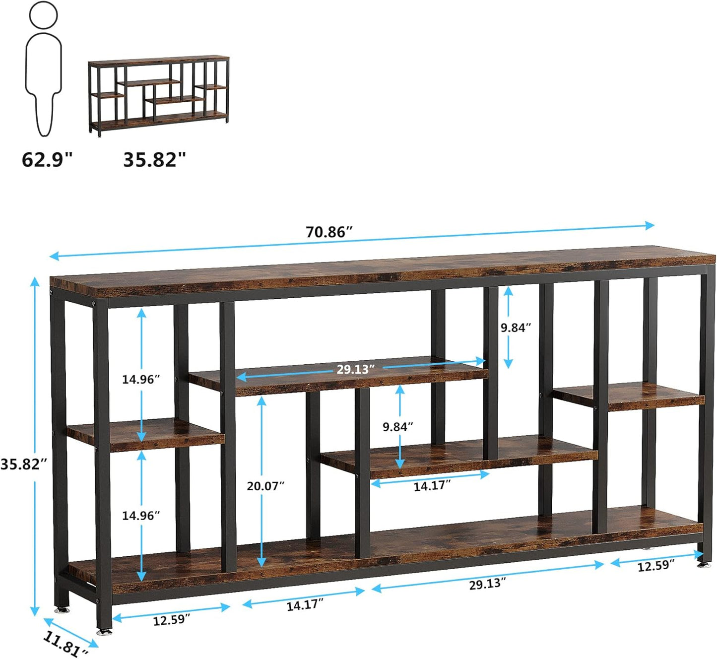 Console Sofa Table, 70.9 Inch Extra Long Table behind Couch with Storage Shelves, 3-Tier Industrial Narrow Entryway Hallway Accent Table for Living Room, Rustic Brown