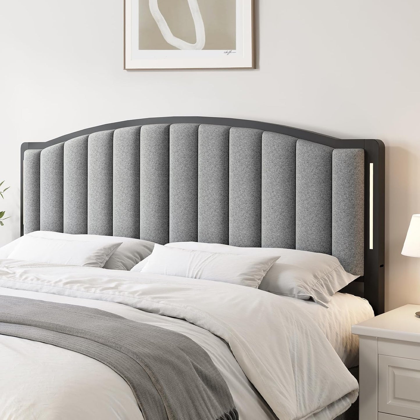 Headboard for Queen Size Bed with LED Lights, Upholstered Vertical Channel Tufting Head Boards, Linen Fabric Bed Headboard Only, Attach Frame, Ideal for Bedroom, Dorm, Guest Room, Grey