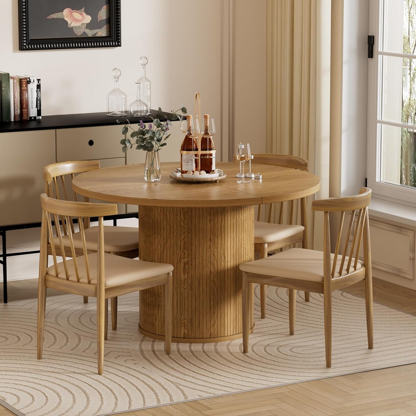 43.3''-59'' Extendable round Dining Table for 4, Modern Farmhouse Expandable Dining Table with Wood Strip Base for Kitchen Living Room,Natural