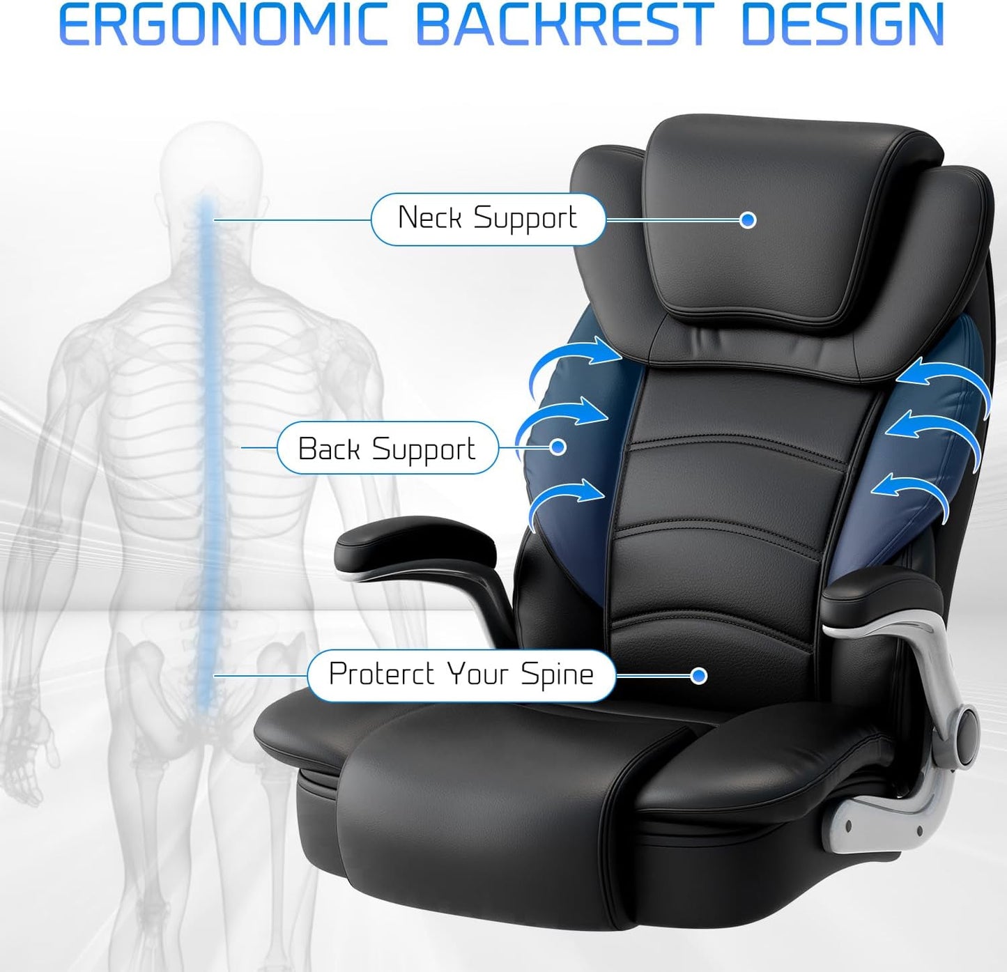 Big and Tall Office Chair 400Lb Wide Seat, Ergonomic High Back Leather Executive Desk Chair with Flip-Up Arms, Black