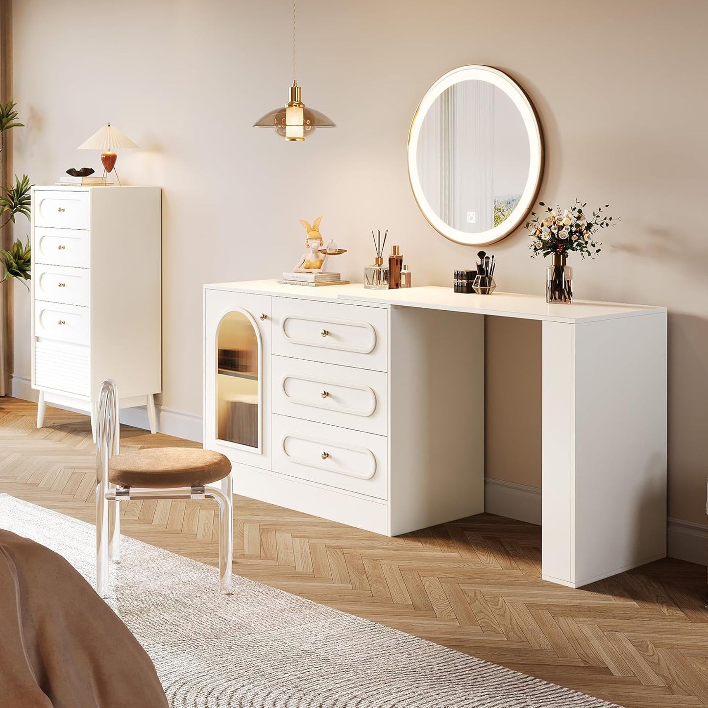 Corner Makeup Vanity Desk with 3 Drawers, 78" Modern L-Shaped Vanity Table with Reversible Cabinet, Extendable Dressing Table Combo with 1 Door for Women & Girls Bedroom (Without Mirror)